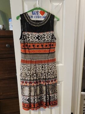 dressbarn Black and Orange Patterned Sleeveless Midi Dress